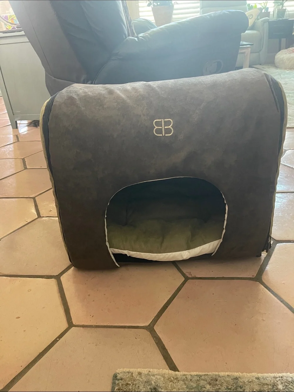 Plush Indoor Dog Cave Bed with Green Cushion - BB Logo